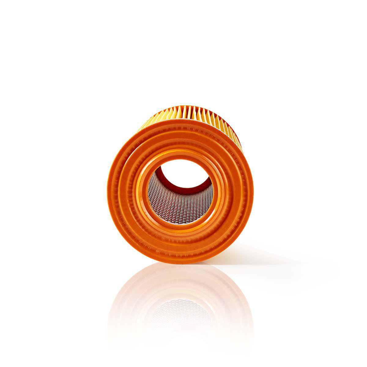 Orange air filter for an engine, cylindrical with radial fins and a mesh interior.