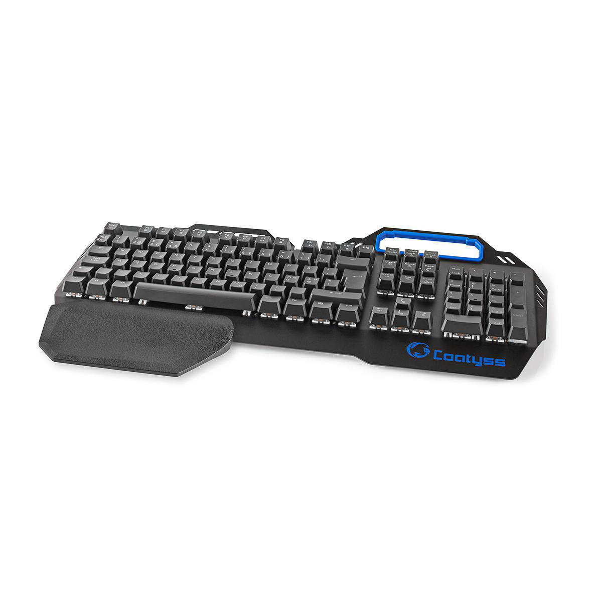 Schwarze Gaming-Tastatur mit Handballenauflage. Blaue Akzente und Logo an der Seite.