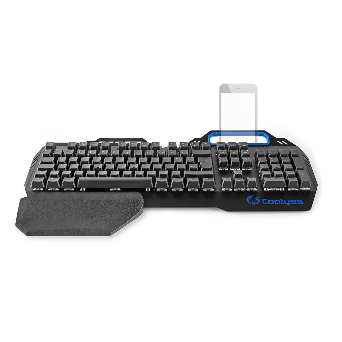 Eine schwarz-blaue Tastatur mit Telefonhalter und Handballenauflage.