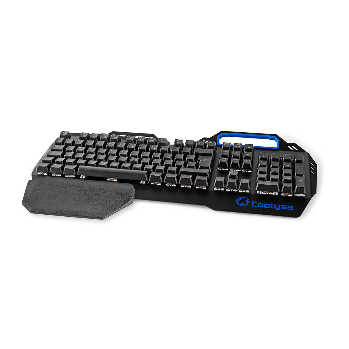 Schwarze Gaming-Tastatur mit Handballenauflage, blauen Akzenten und dem Markennamen 'Coaty' auf weißem Hintergrund.