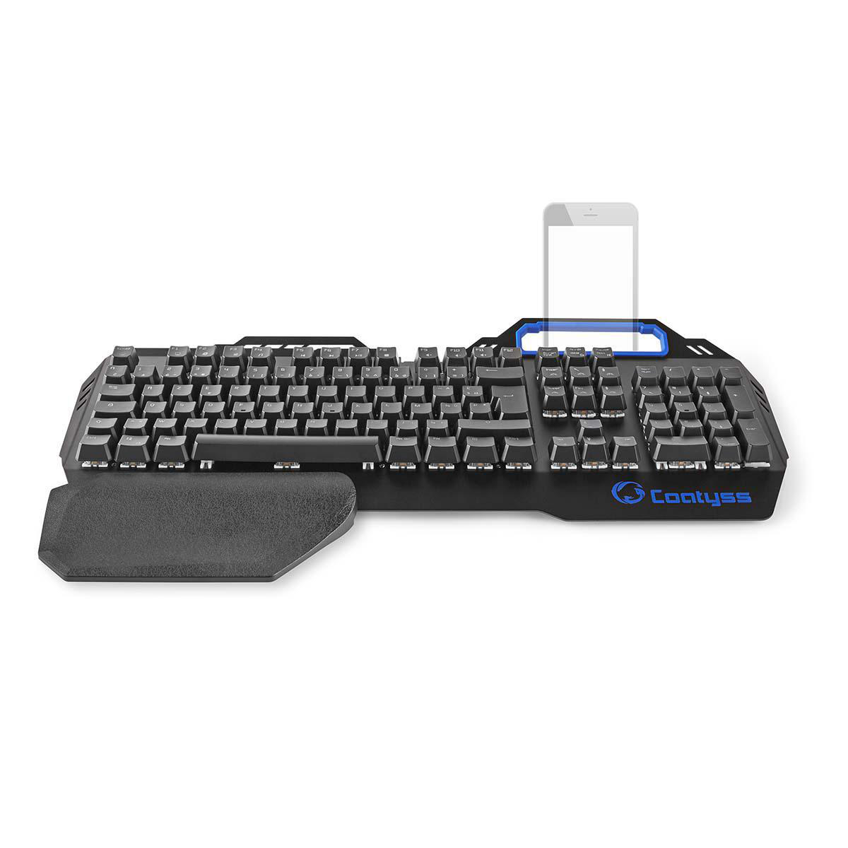 Schwarze Tastatur mit Telefonständer und Telefon darin. Die Tastatur hat eine Handgelenkauflage.