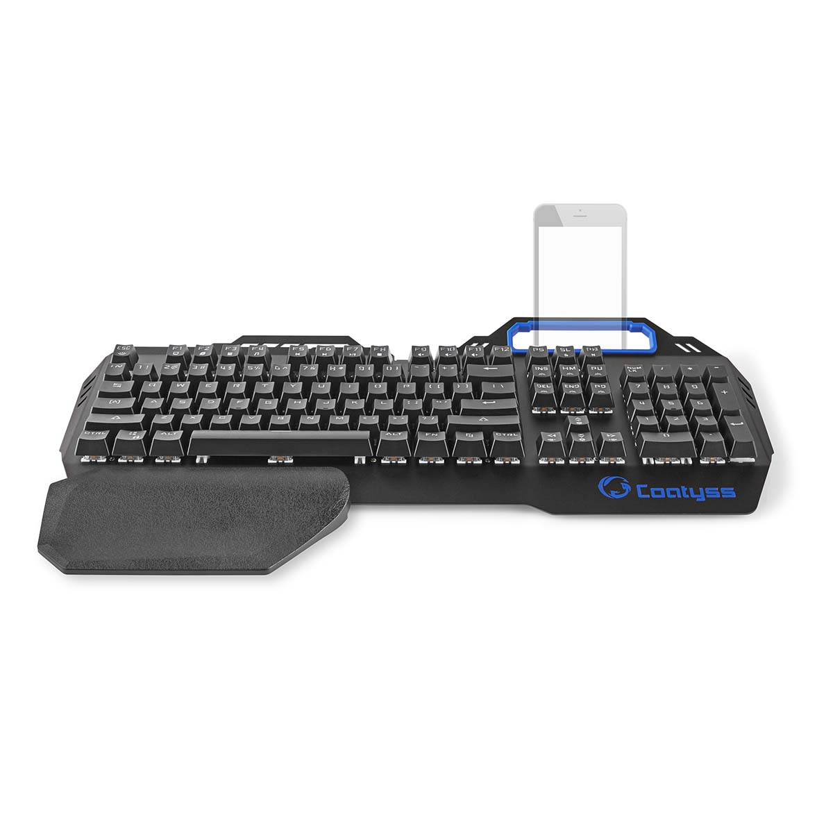 Schwarze Tastatur mit Telefonhalter. Weißer Hintergrund. Hat eine Handgelenkauflage.