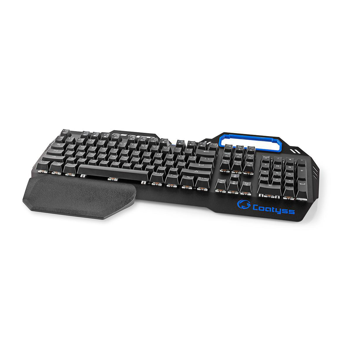 Schwarze Gaming-Tastatur mit Handgelenkauflage und blauen Akzenten, isoliert auf weißem Hintergrund.