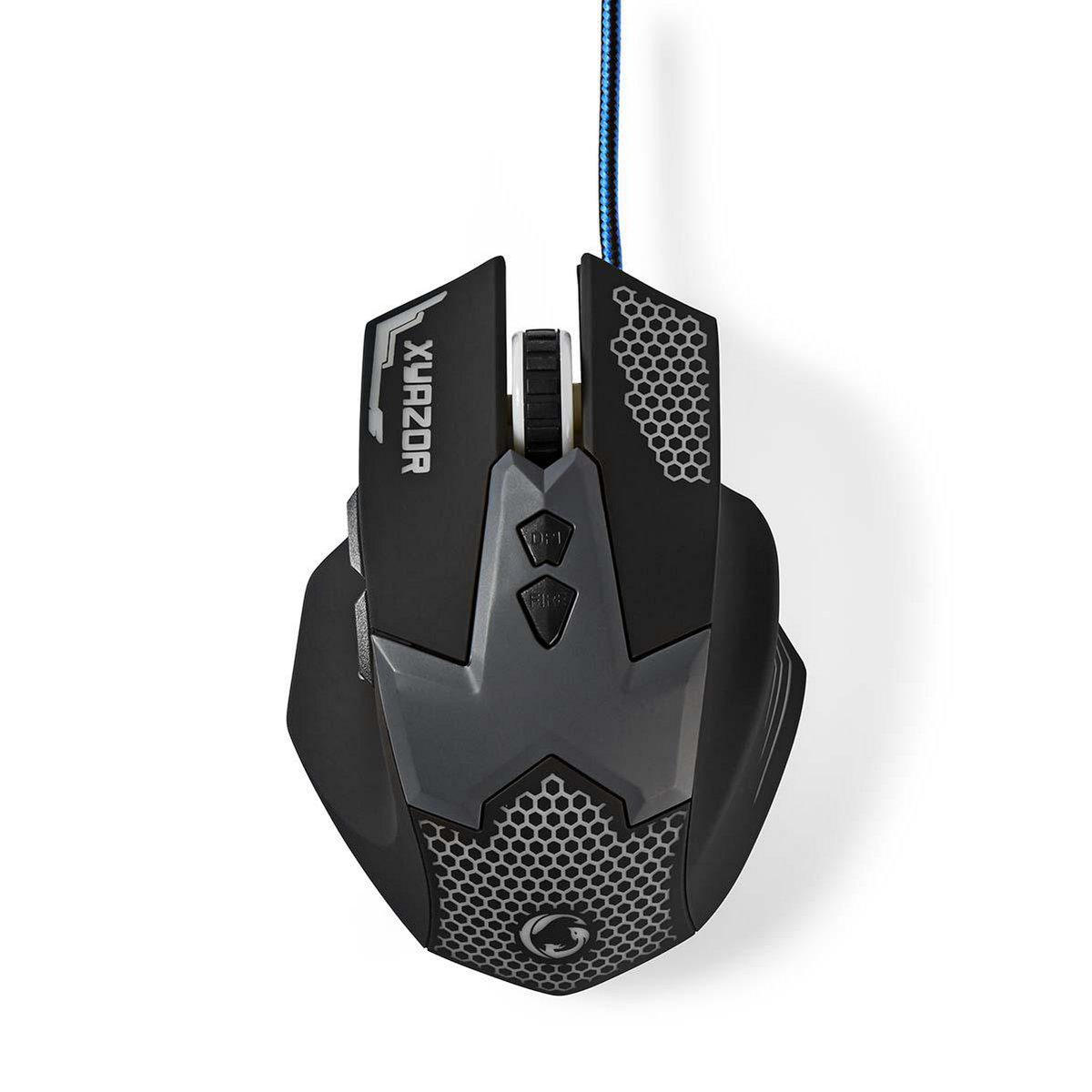 Mouse da gioco nero e grigio con pulsanti. Il mouse ha un logo Xyazor e un cavo blu.