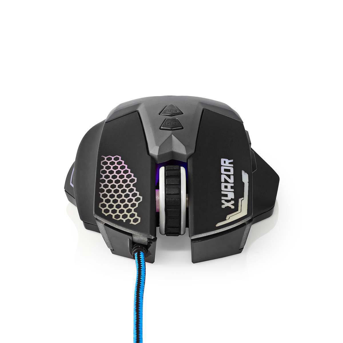 Mouse da gioco nero con design a nido d'ape, pulsanti illuminati e cavo blu.