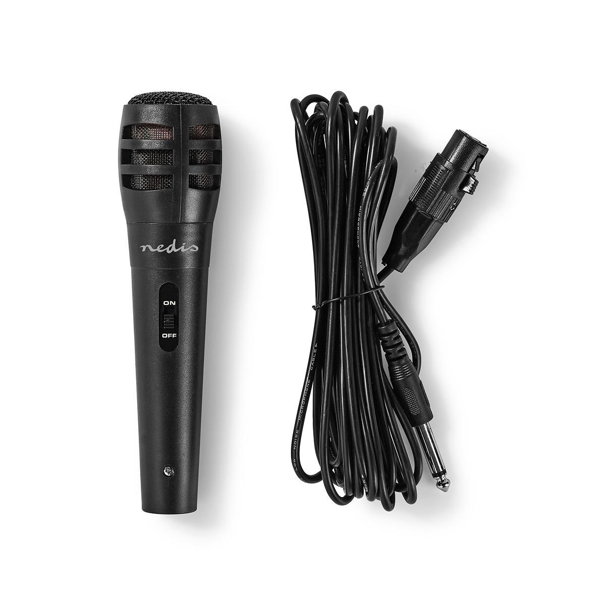 Zwarte microfoon met een kabel en een connector. De microfoon heeft aan/uit-schakelaars. Witte achtergrond.