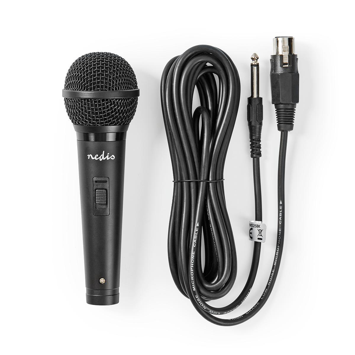 Zwarte microfoon met een kabel. De kabel heeft een jack en een XLR-connector.