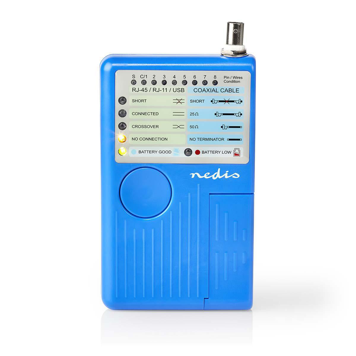 Blauwe kabeltester met indicatielampjes, gelabeld RJ-45, RJ-11, USB en coaxiaal.
