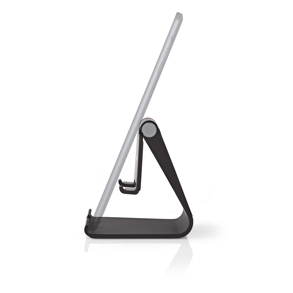 Black tablet stand with a tablet. Isolated on white background.