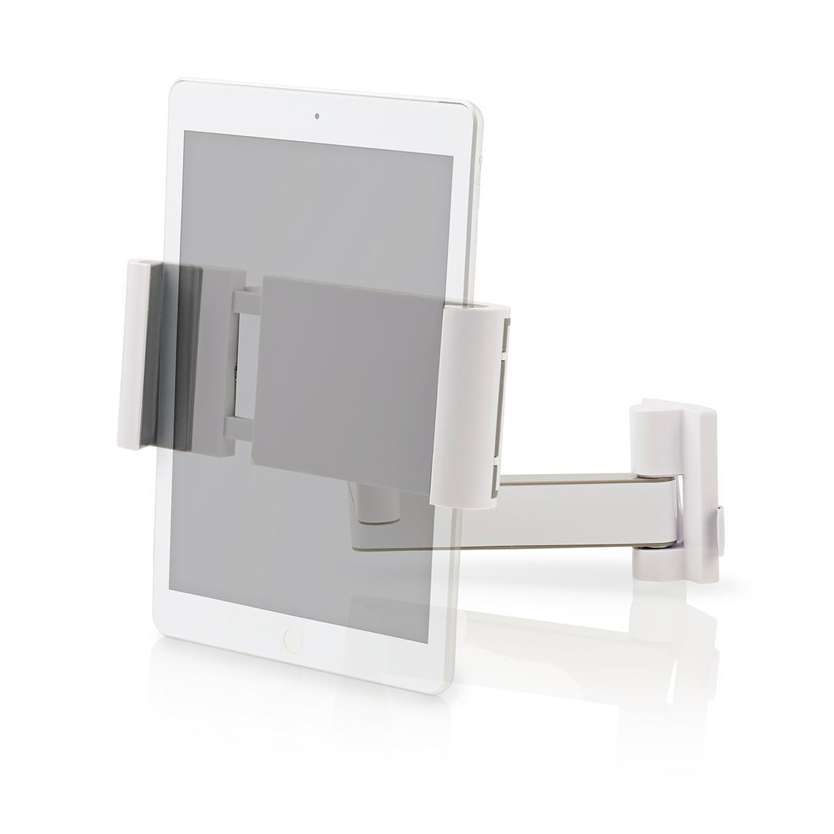 White tablet mounted on a white bracket, adjustable on a white surface.