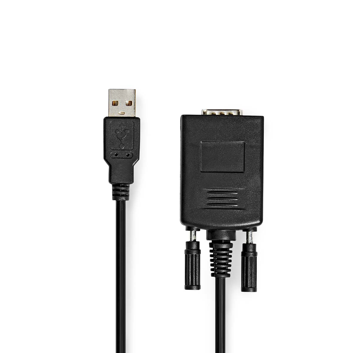 Adaptateur USB vers série noir avec USB et connecteur D-sub.