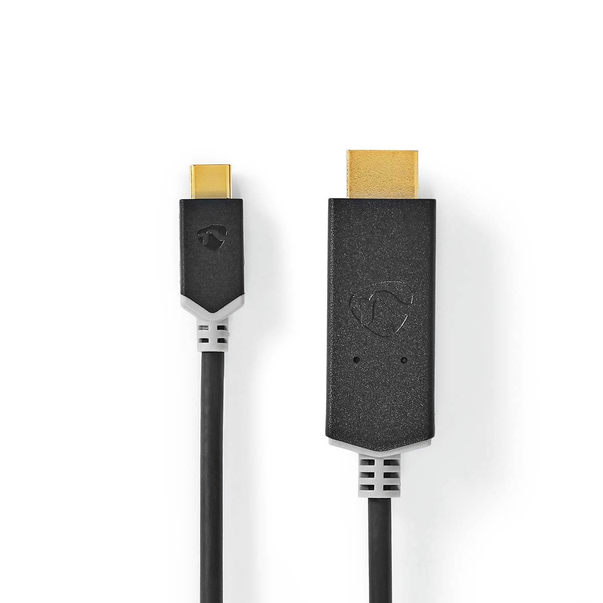 Due cavi neri con connettori dorati, uno USB-C e uno DisplayPort. Sfondo bianco.