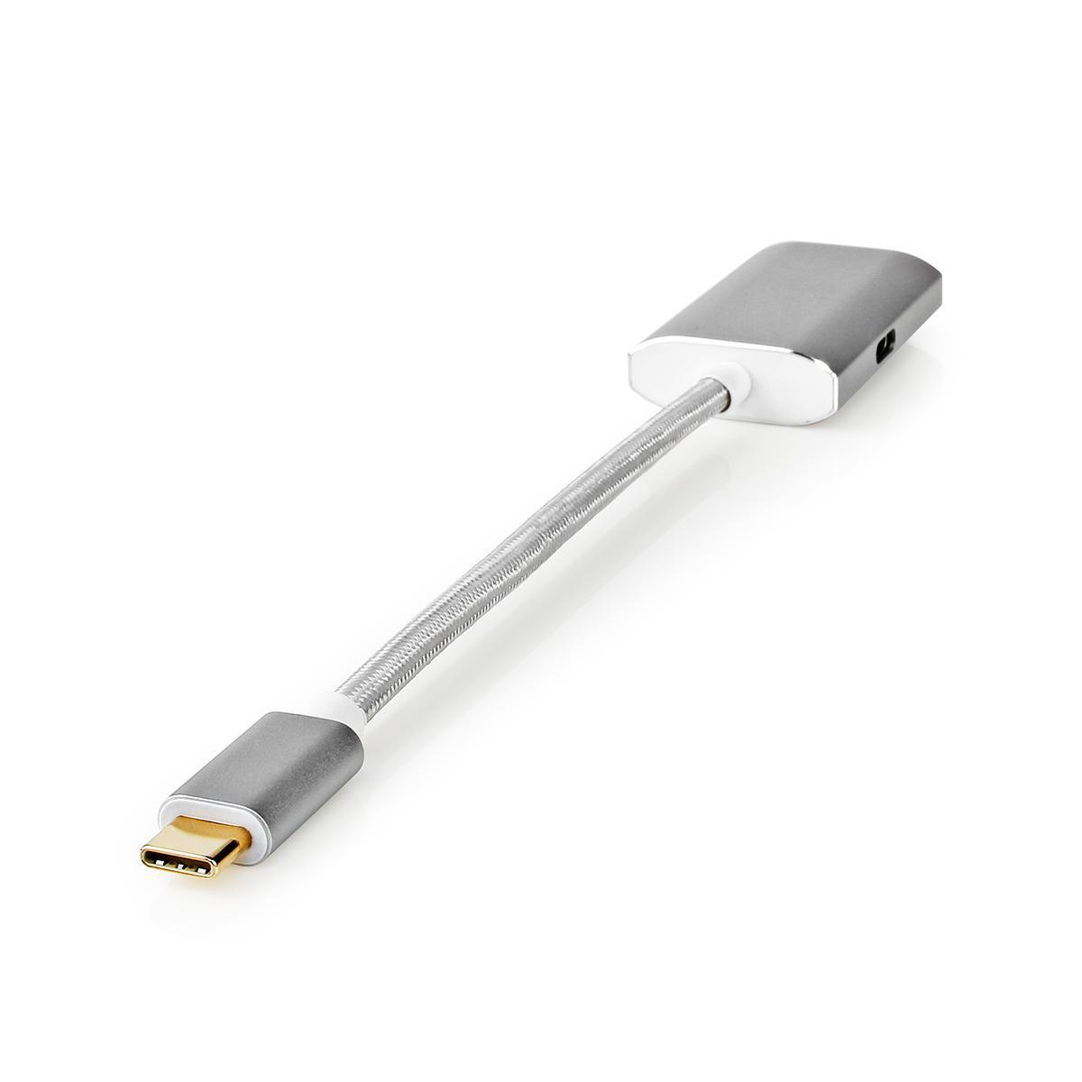 Silberner USB-C-Adapter mit flexiblem Silberkabel, auf weißem Hintergrund.
