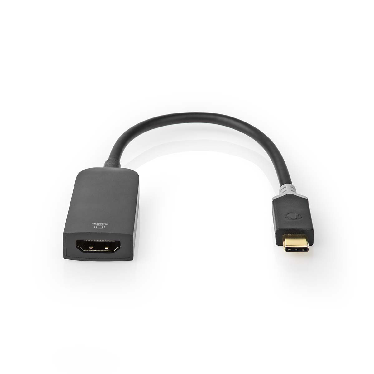 Schwarzes HDMI-zu-USB-C-Adapterkabel. Das HDMI-Ende ist quadratisch, das USB-C-Ende flach.