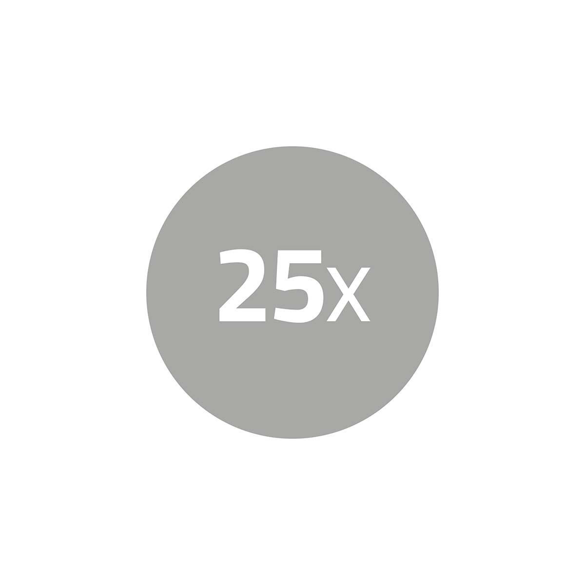 Een grijze cirkel met het nummer 25x in witte tekst. Het is geïsoleerd op een witte achtergrond.