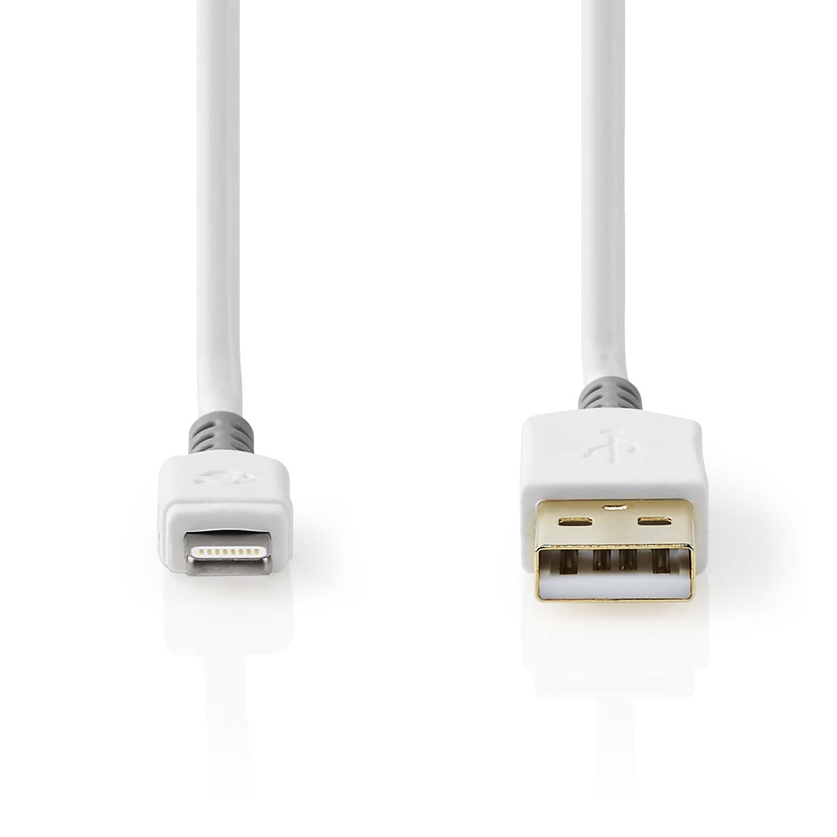 Cavo USB bianco con connettore USB-A e USB-C su sfondo bianco.
