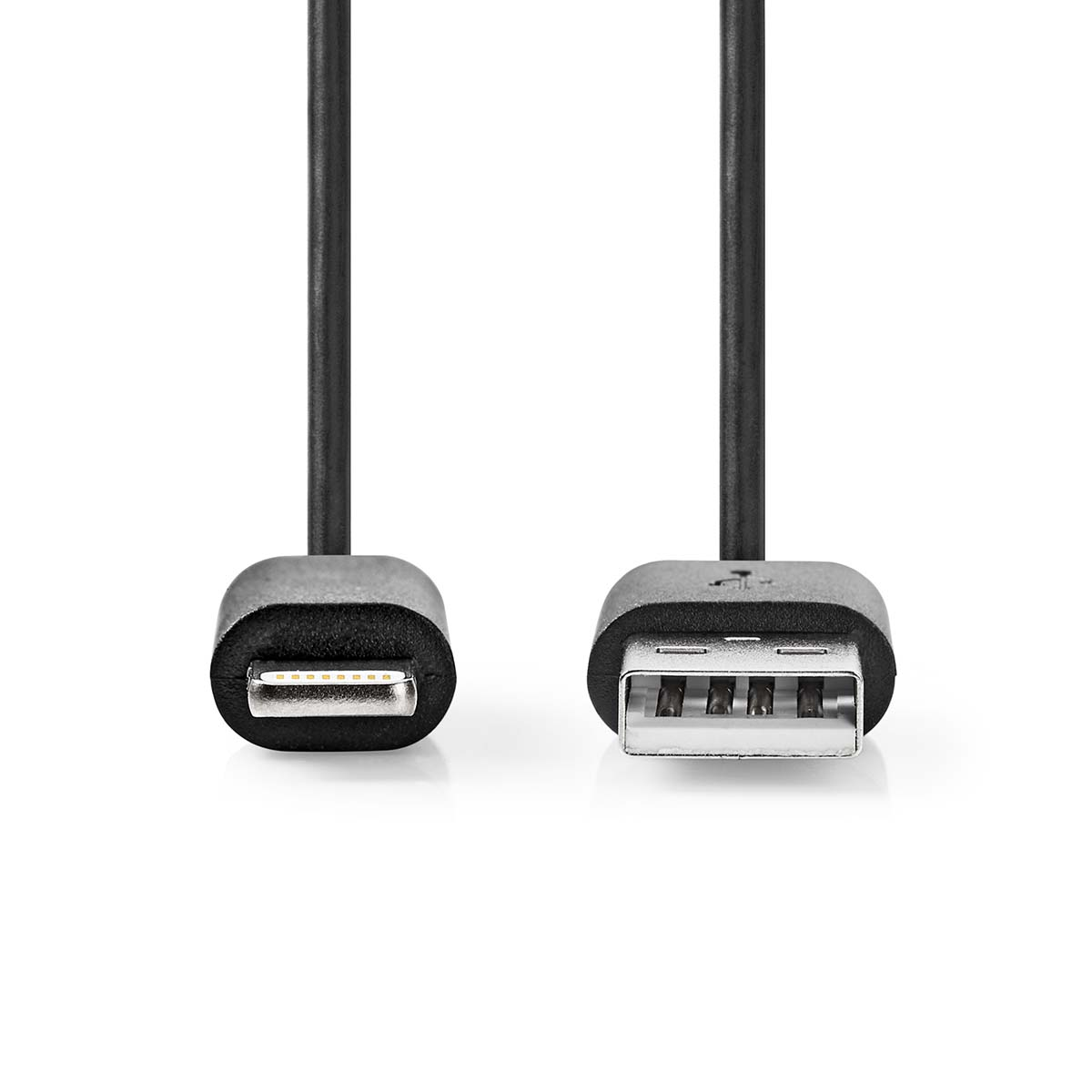 Cavo USB a USB-A nero. Due estremità presentate che mostrano ogni lato del cavo.