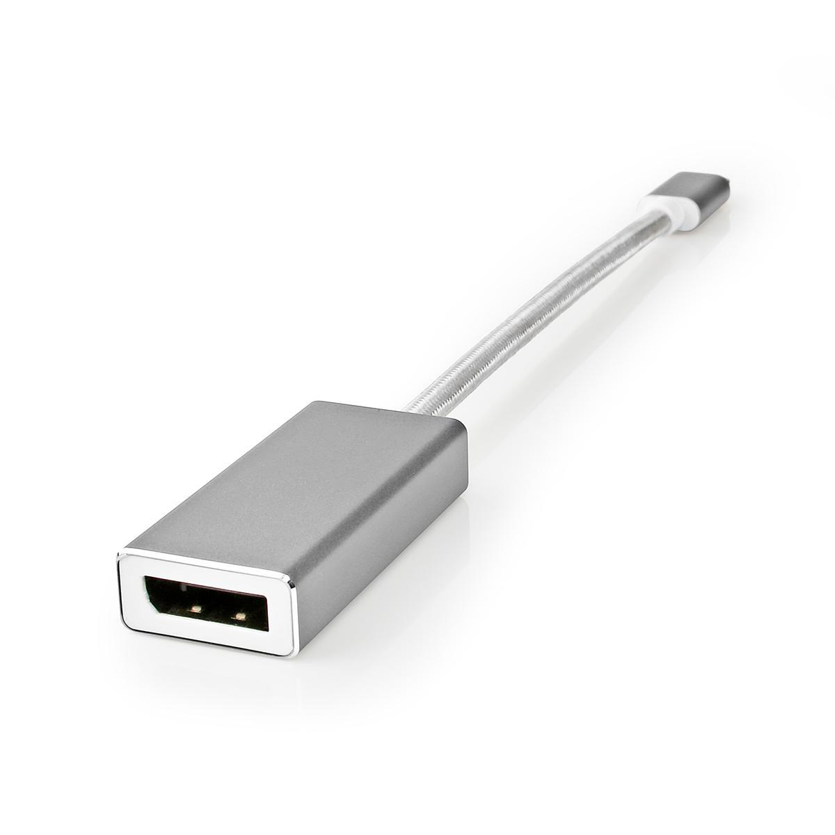 Ein silberner HDMI-Adapter mit flexiblem, silbernen Kabel, auf weißem Hintergrund.