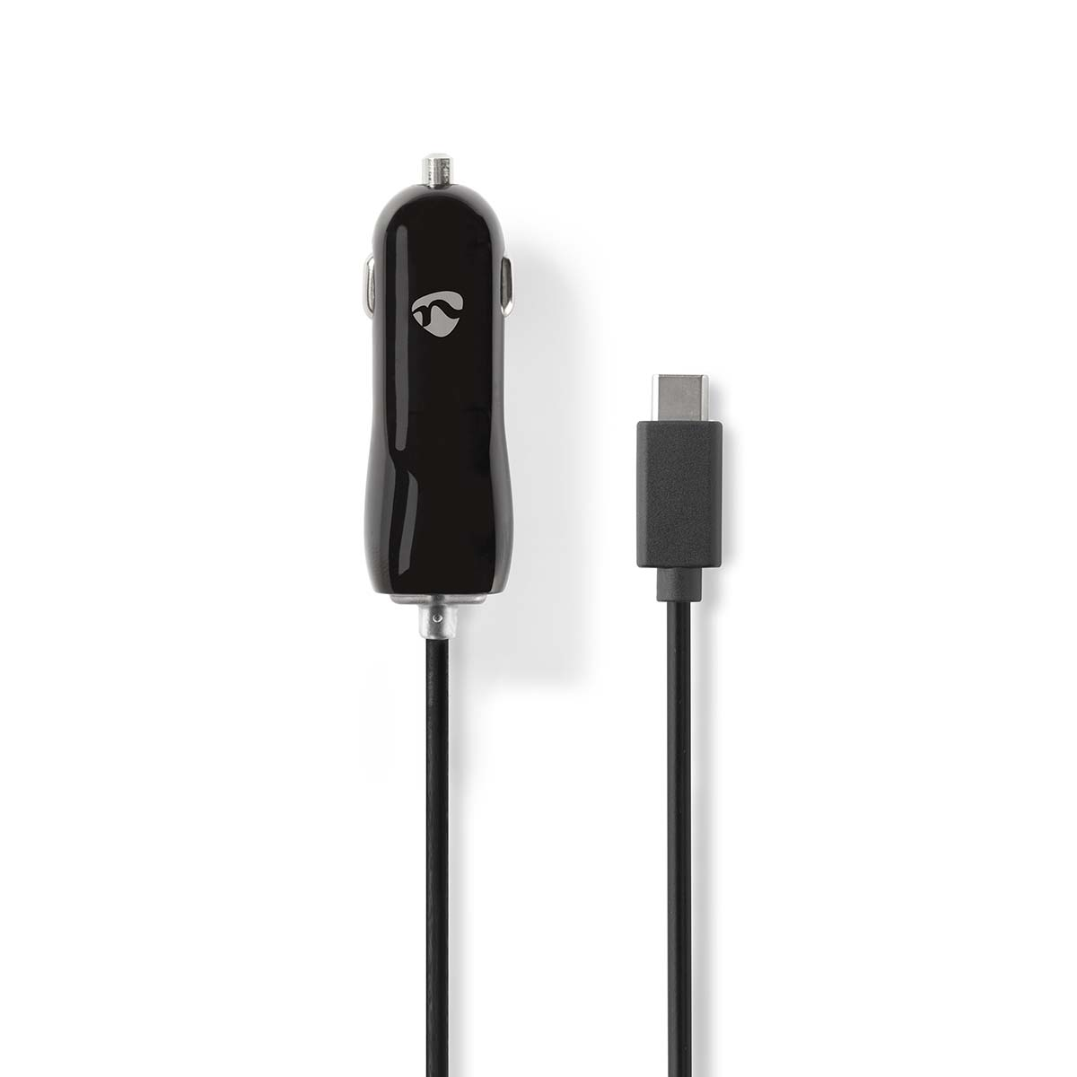 Schwarzes Autoladegerät und ein USB-C-Kabel auf weißem Hintergrund.