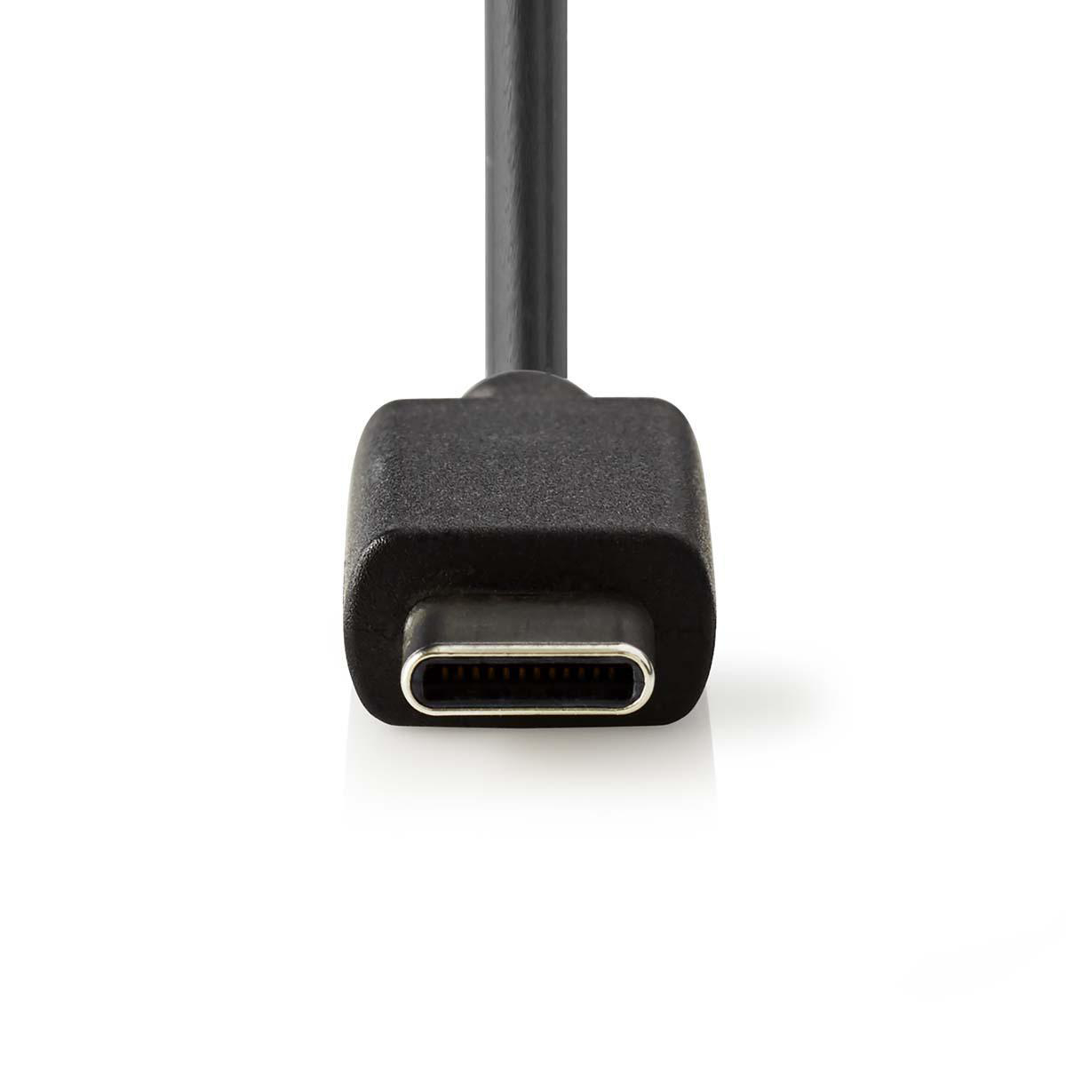 USB-C-Anschluss, Nahaufnahme. Schwarzes Kabel und Stecker. Weißer Hintergrund.