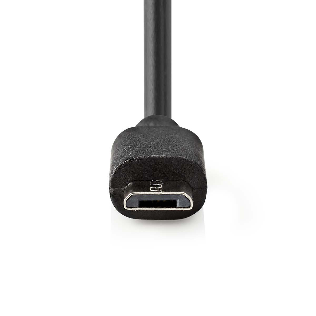 Nahaufnahme eines Micro-USB-Anschlusses an einem schwarzen Kabel, weißer Hintergrund.