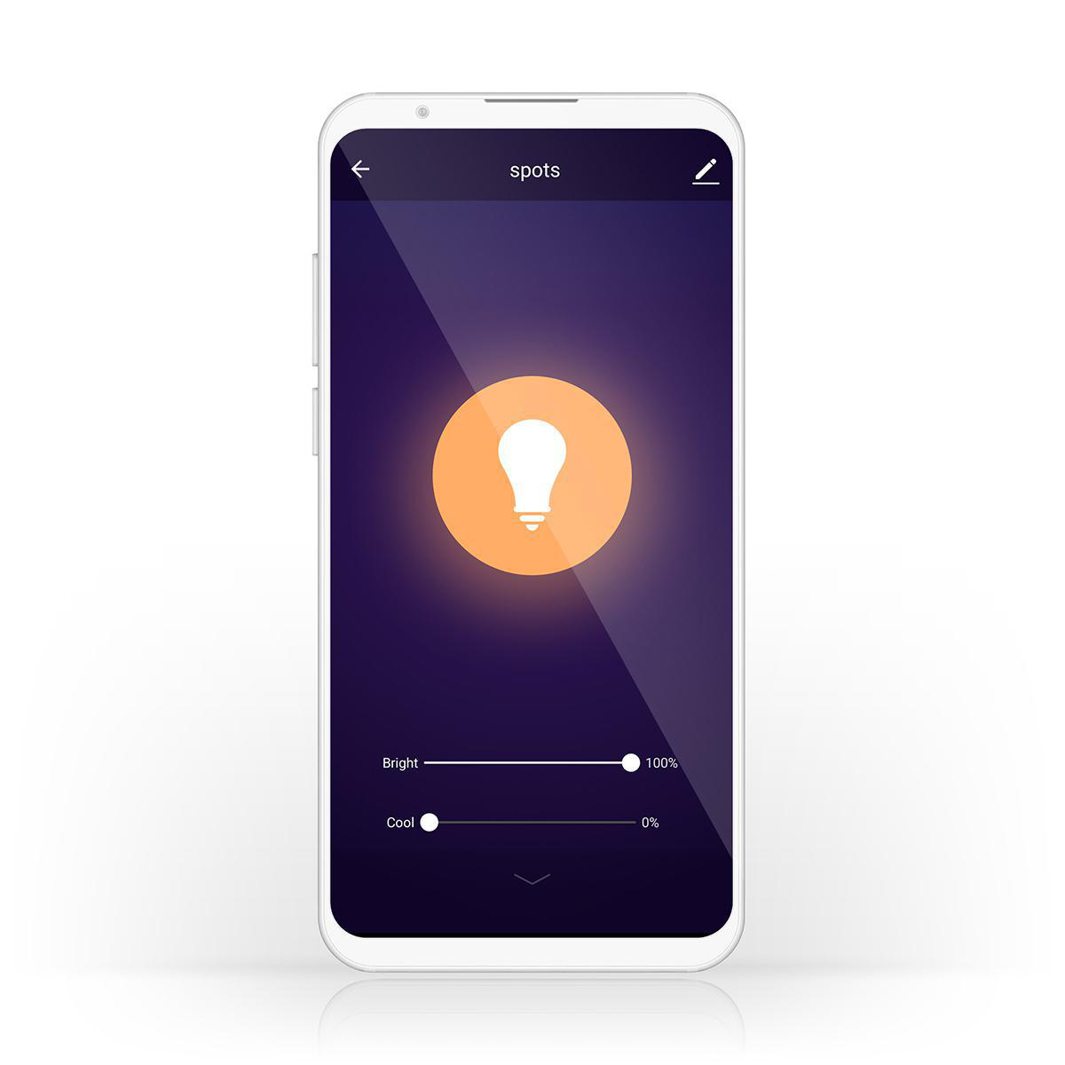 Schermo di smartphone che mostra un'immagine di una lampadina con impostazioni di luminosità e freddo: luminoso 100%, freddo 0%.
