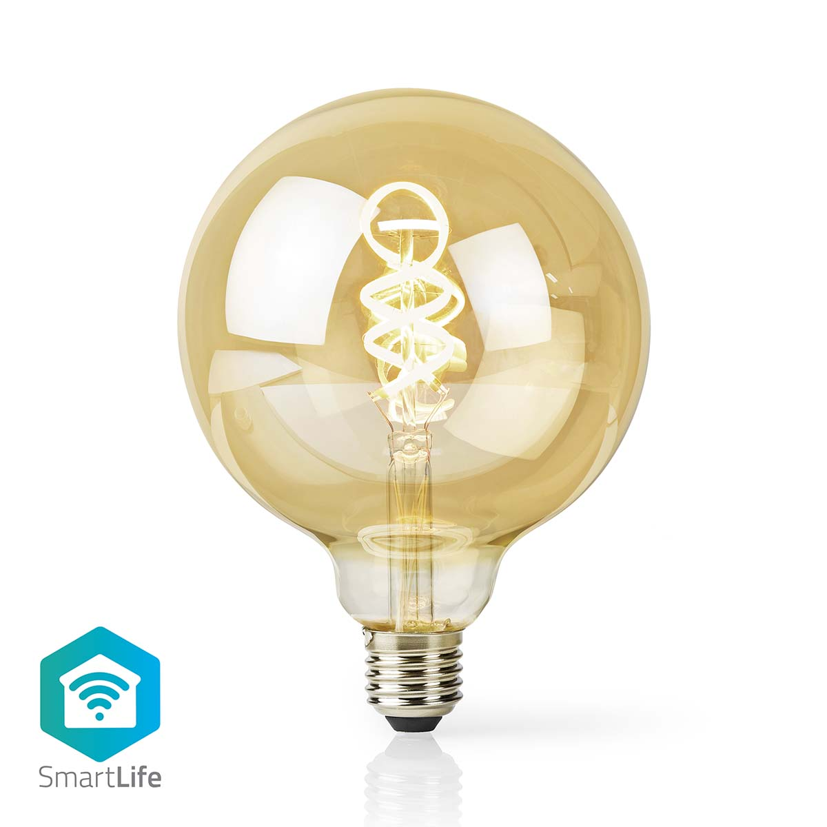 Lampadina grande, rotonda, color ambra con filamento a spirale e logo SmartLife.