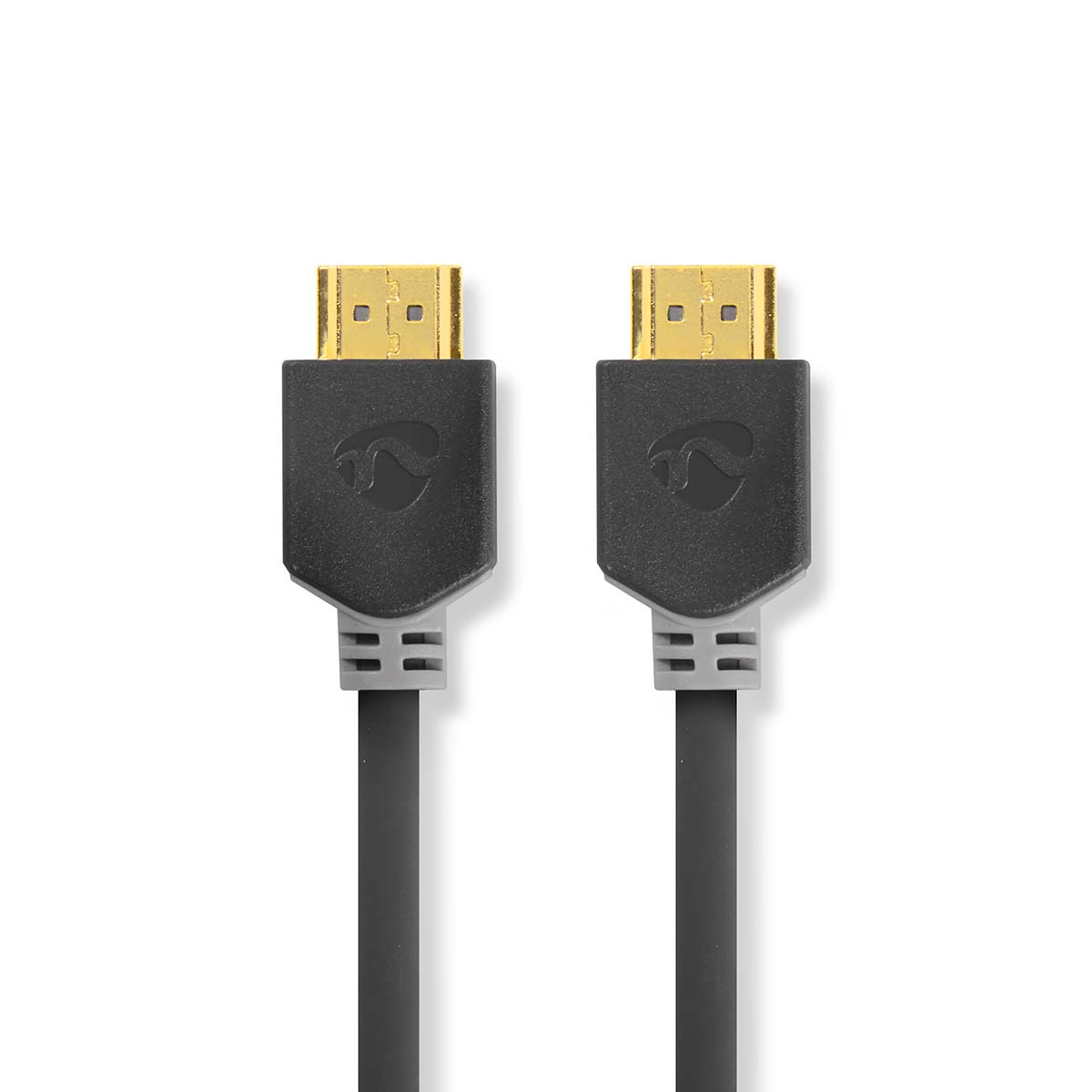 Zwei schwarze HDMI-Kabel mit grauen Enden und goldenen Steckern, nebeneinander, auf weißem Hintergrund.