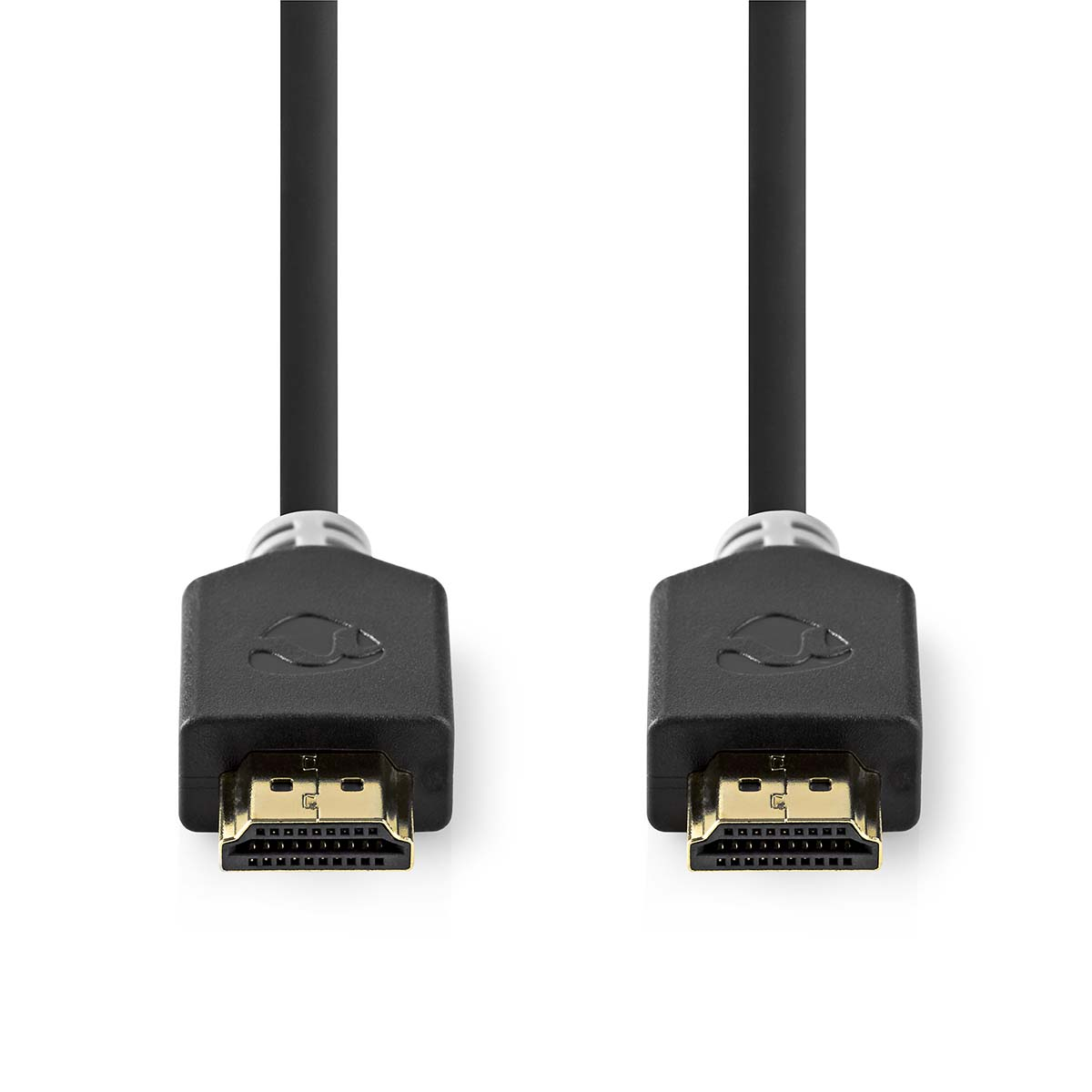 Schwarzes HDMI-Kabel mit Anschlüssen, goldfarbene Enden, auf weißem Grund.