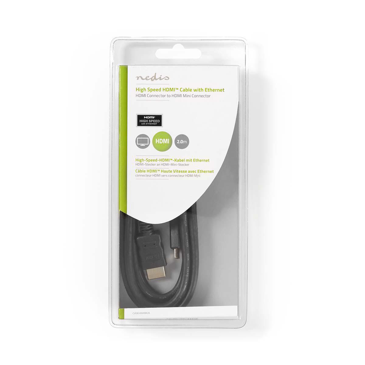 Ein Kabel in einer transparenten Plastikverpackung. Die Verpackung enthält Text über die Eigenschaften des Kabels.