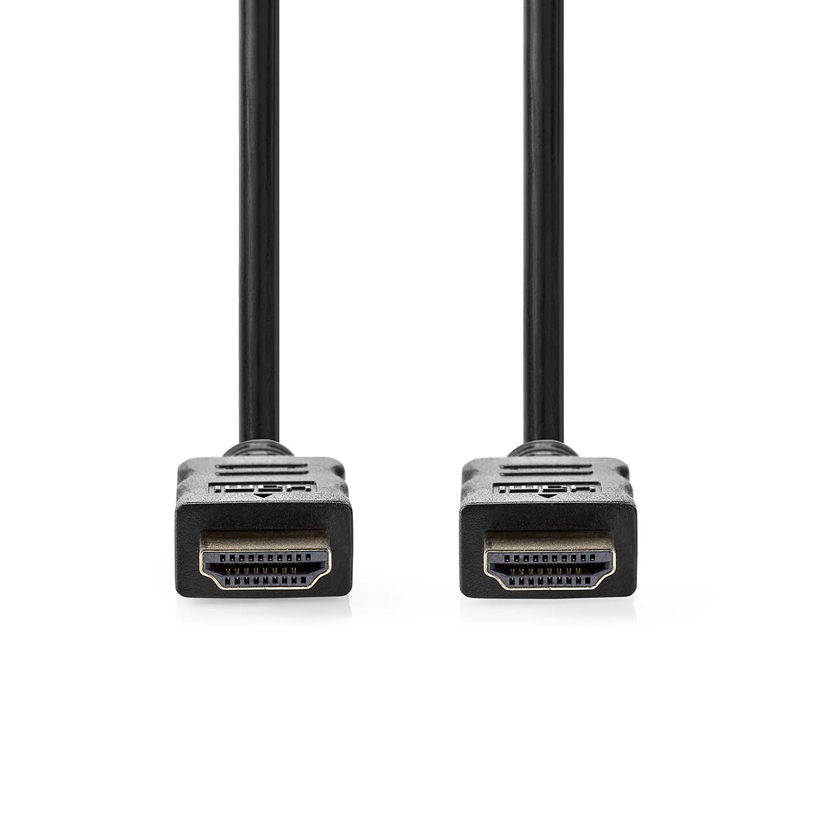 Twee zwarte HDMI-kabels met HDMI-connectoren aan de uiteinden op een witte achtergrond.