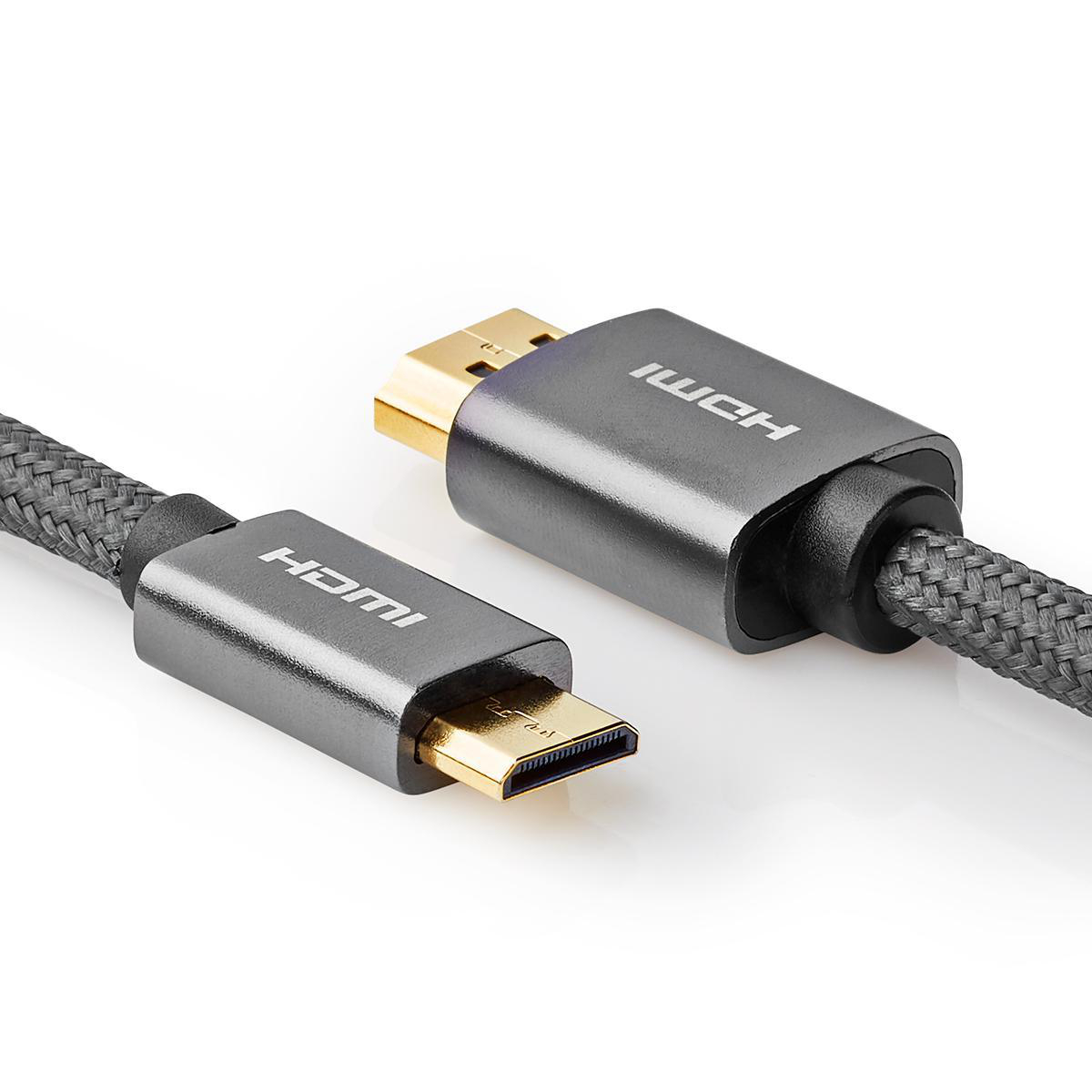 Graues HDMI-Kabel mit Goldsteckern. Ein Ende ist HDMI, das andere Mini-HDMI. Weißer Hintergrund.