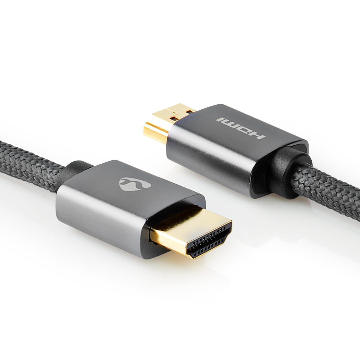 Zwarte HDMI-kabel met gouden connectoren en een grijze gevlochten kabel.