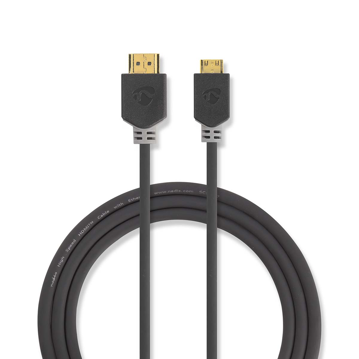 HDMI-Kabel mit Goldanschlüssen und Logo, auf weißem Hintergrund.