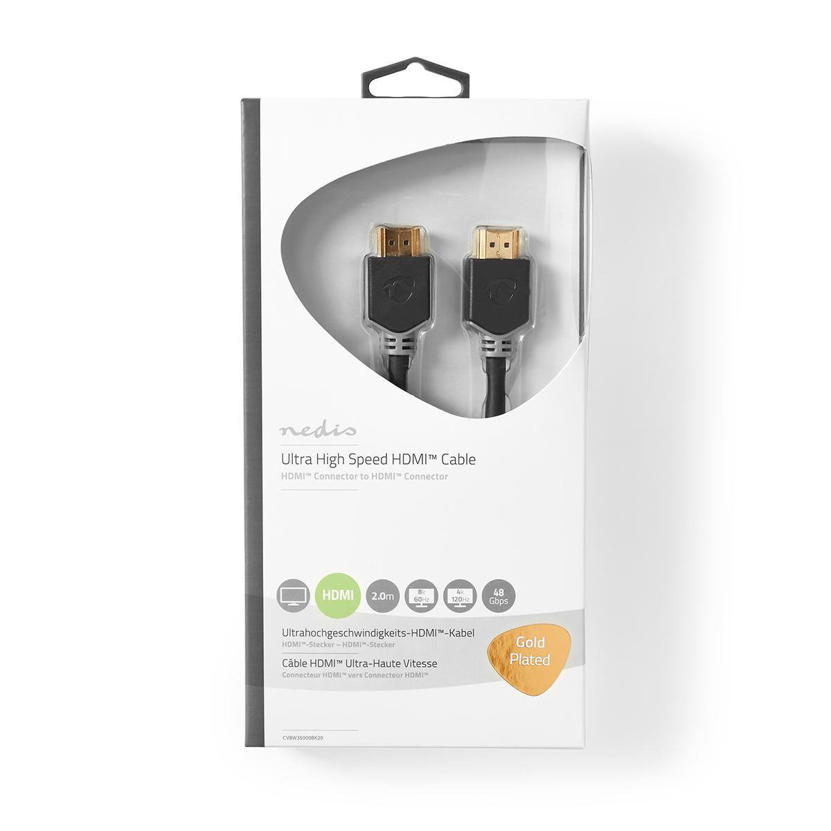 HDMI-kabel in doos met connectoren. Tekst: Ultra High Speed HDMI-kabel. Gold Plated label.