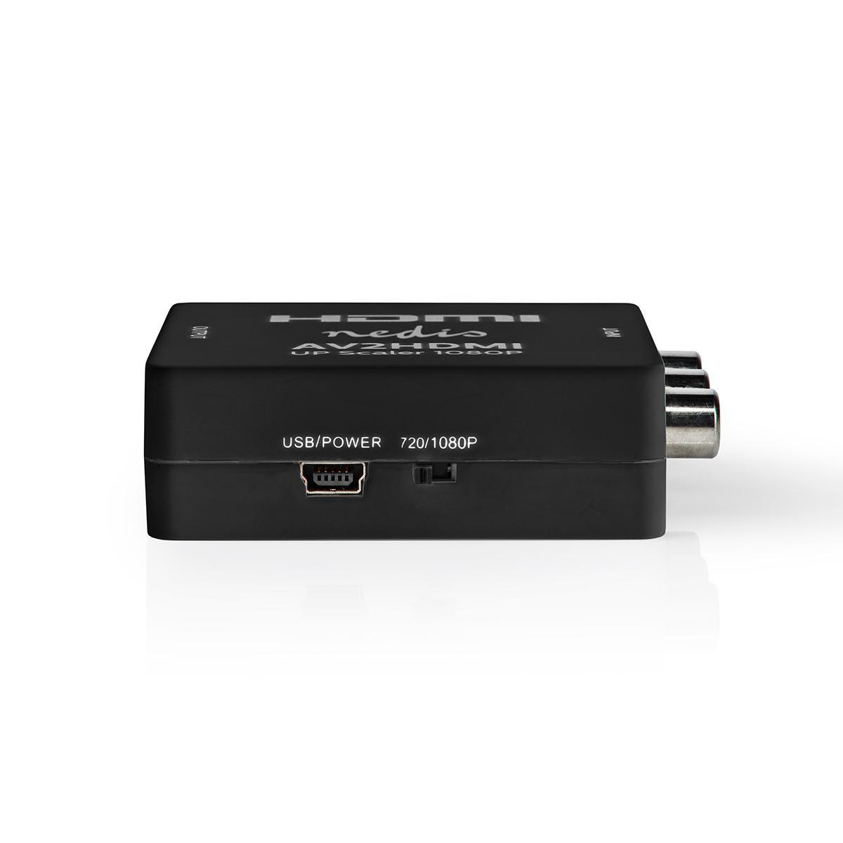 Schwarzer HDMI-zu-AV-Upscaler. Er hat HDMI-, USB- und AV-Anschlüsse. Weißer Hintergrund.