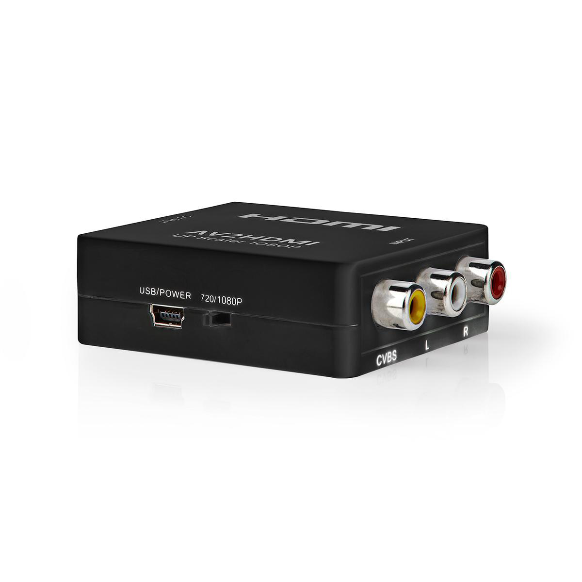 Schwarzer HDMI-zu-CVBS-Konverter mit Anschlüssen und Text auf weißer Oberfläche.