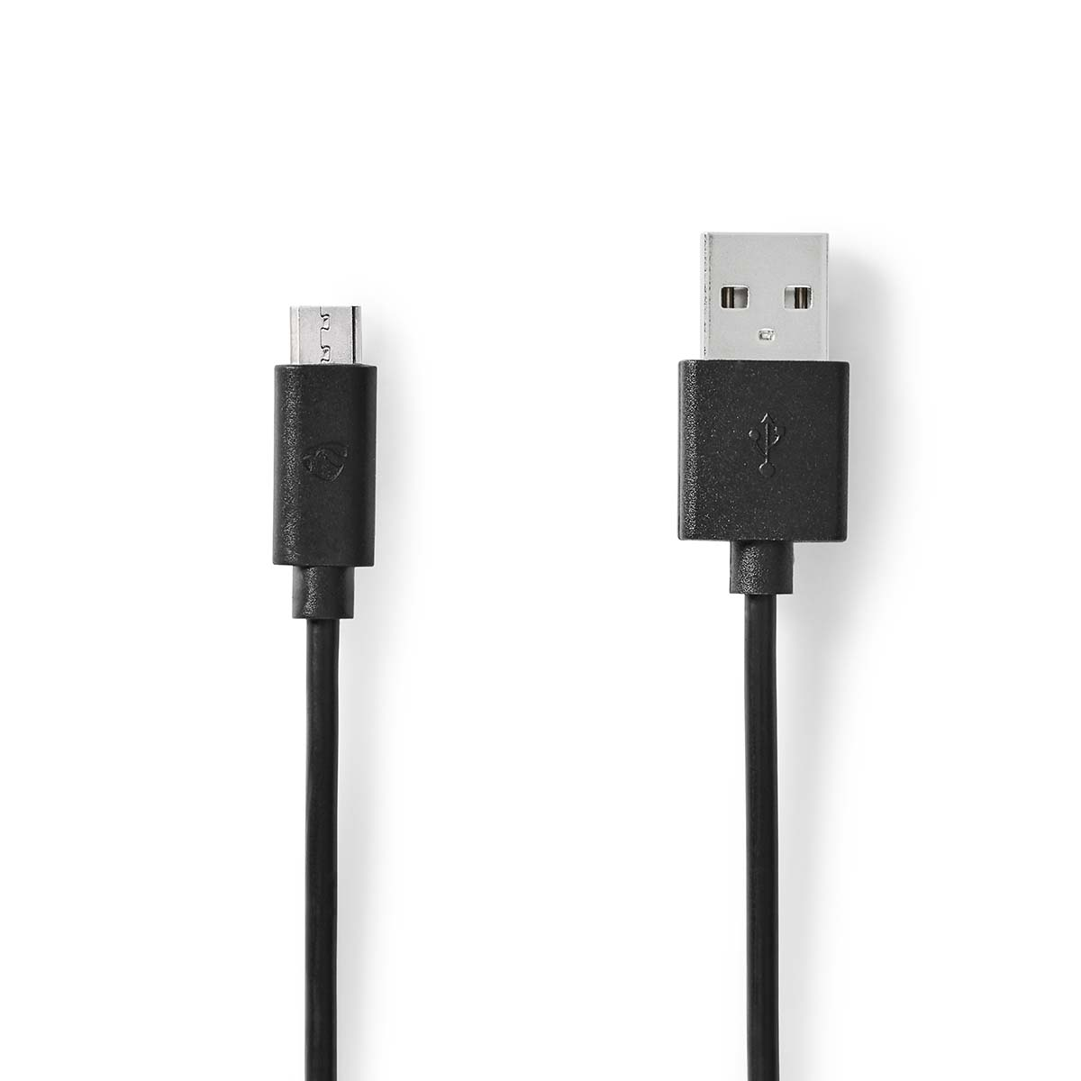 Ein schwarzes USB-auf-Micro-USB-Kabel mit Anschlüssen an beiden Enden, vor weißem Hintergrund.