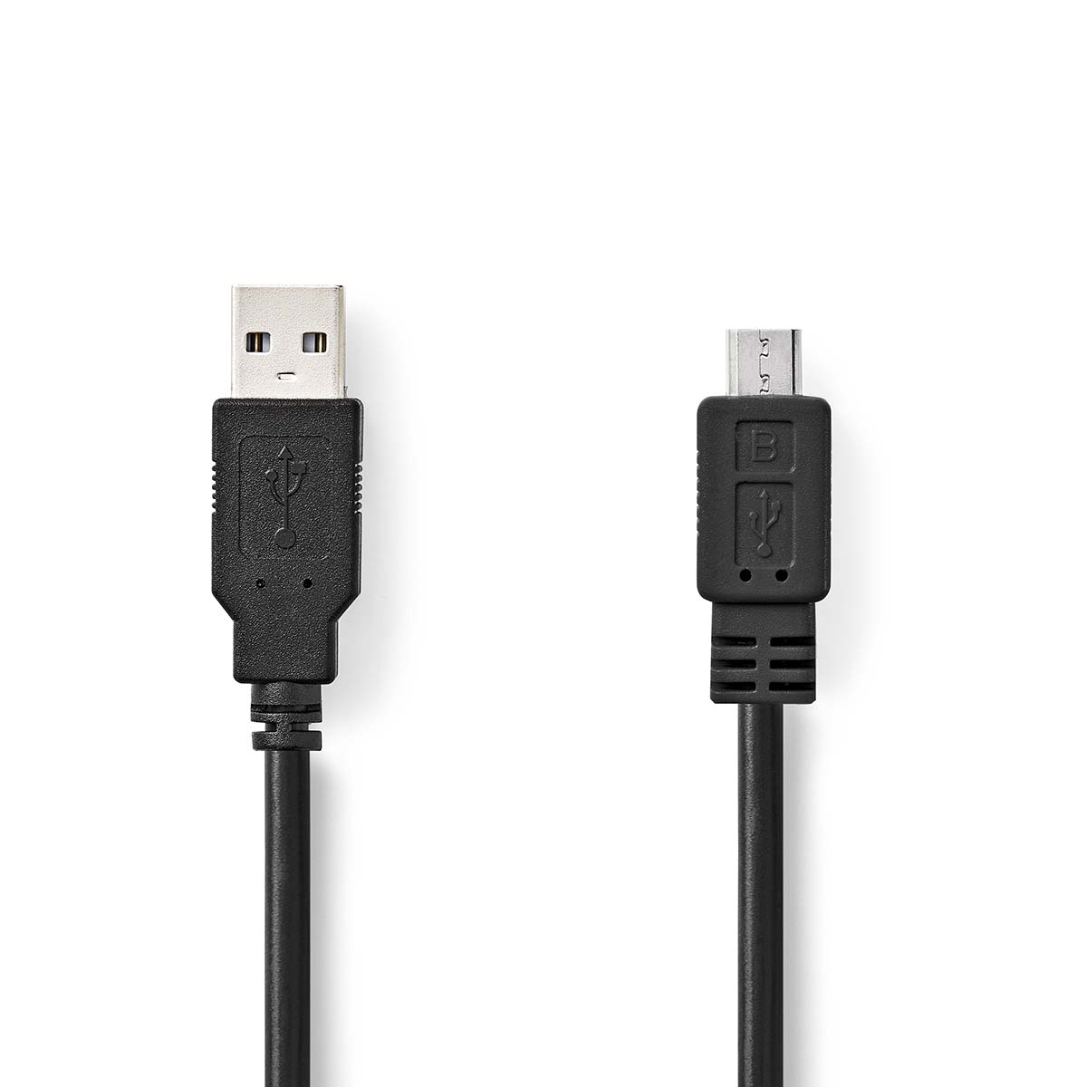 Ein schwarzes USB-zu-Micro-USB-Kabel, das beide Enden zeigt. Die Anschlüsse sind schwarz.