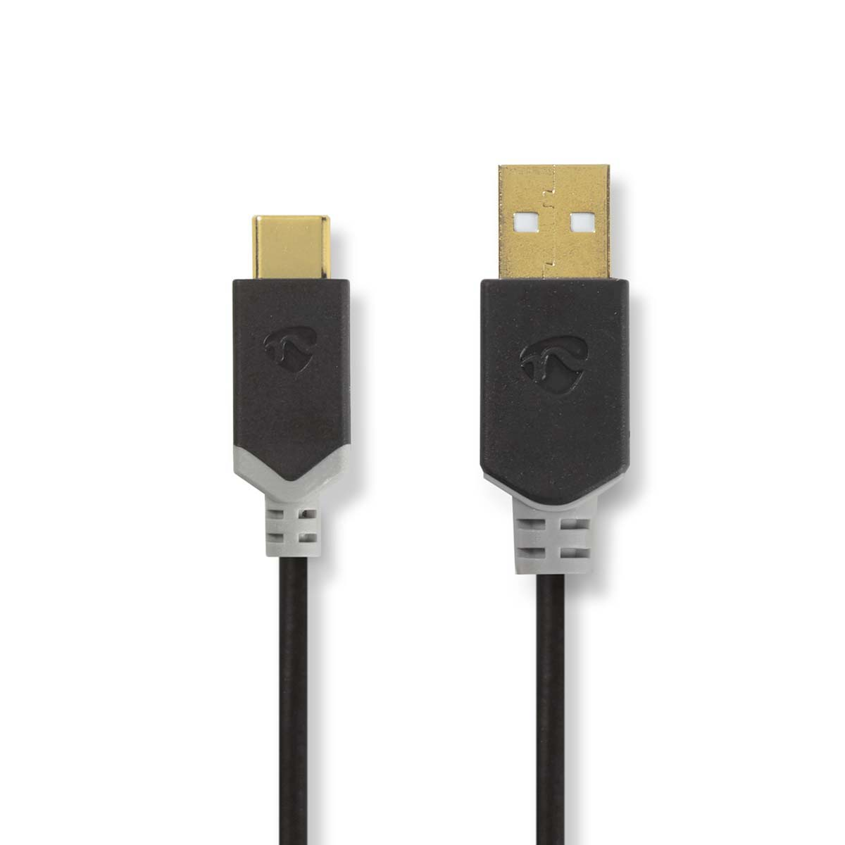 Black and gray USB-C to DisplayPort cable on a white background.