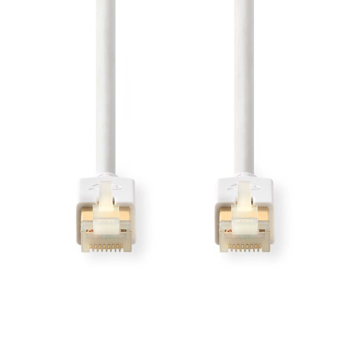 Twee witte Ethernet kabels. Beide hebben witte connectoren aan beide uiteinden. De connectoren zijn wit.