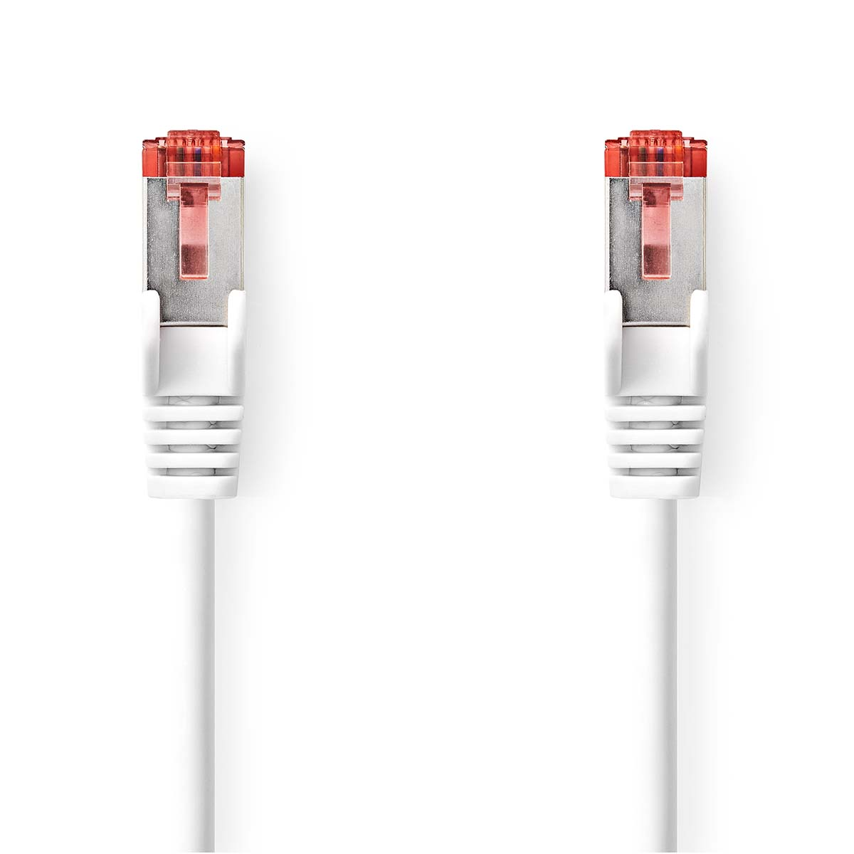 Zwei weiße Ethernet-Kabel mit roten Steckern. Die Kabel liegen auf einer weißen Oberfläche und zeigen zum Betrachter.