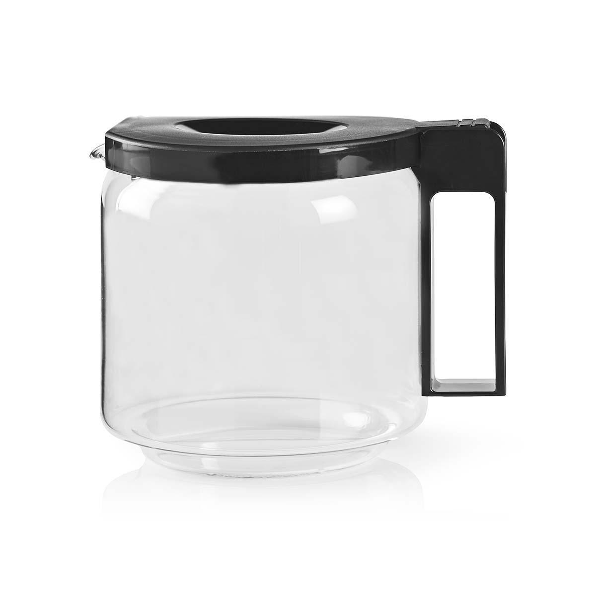 Caraffa per caffè in vetro trasparente con coperchio e manico neri. Sfondo bianco.