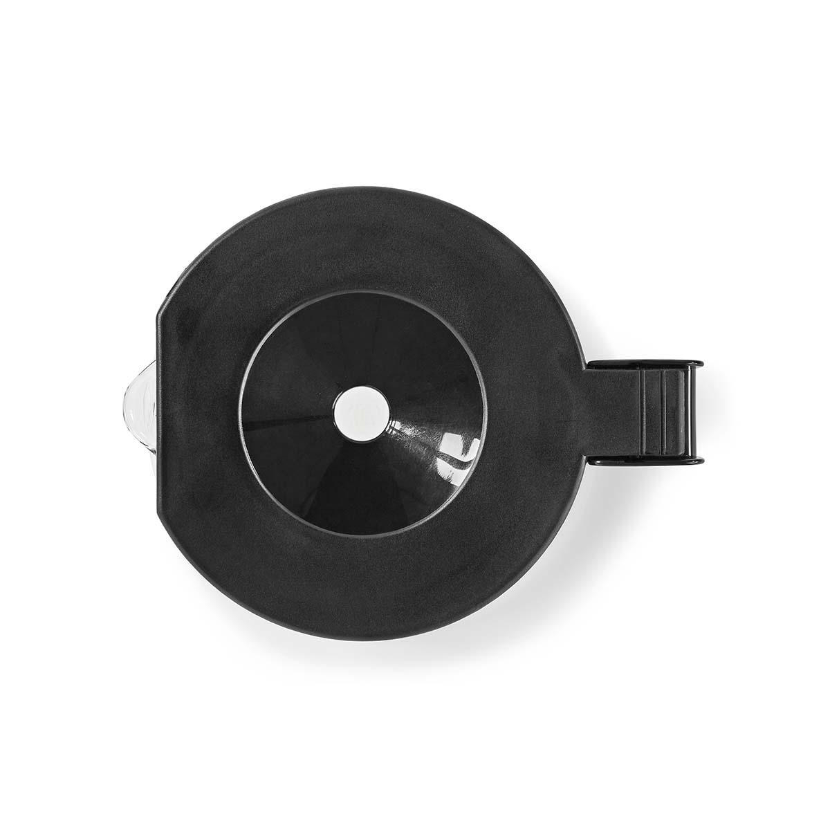 Coperchio in plastica nera con manico. Sfondo bianco.