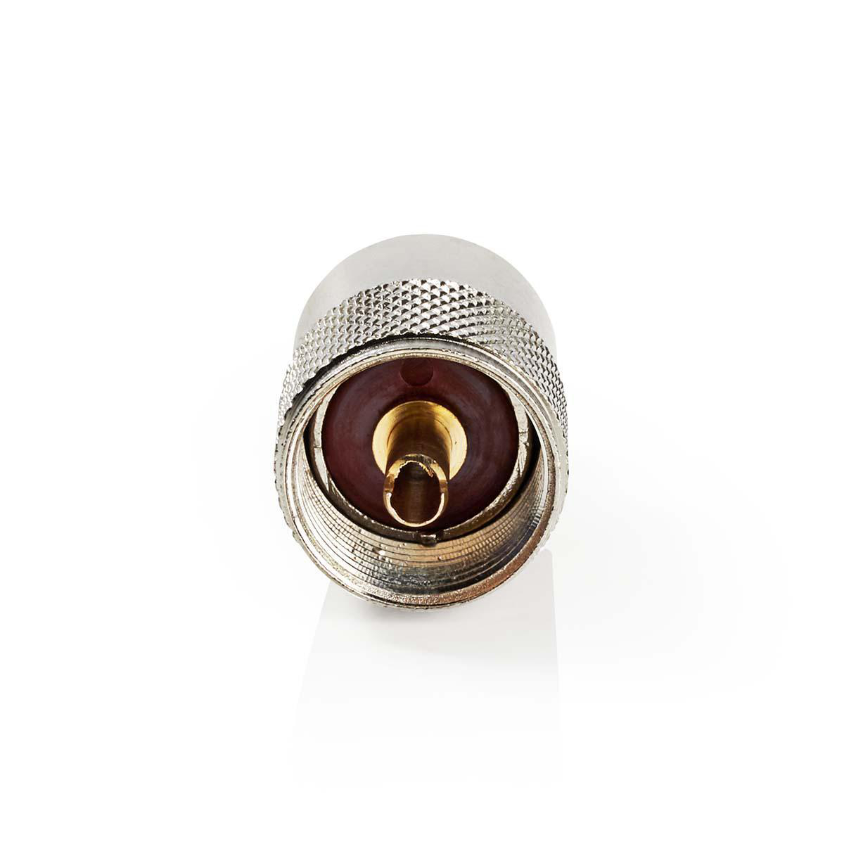 Silver connector with brown interior and a gold center pin on white.