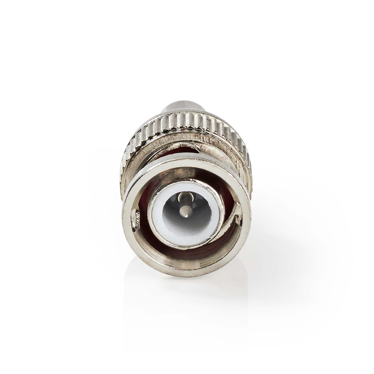 A silver BNC connector on a white background. The connector has a circular design.