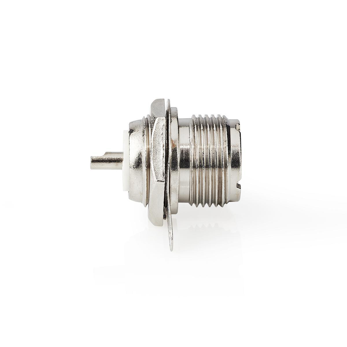 Metallic connector with a central pin, on a white background.
