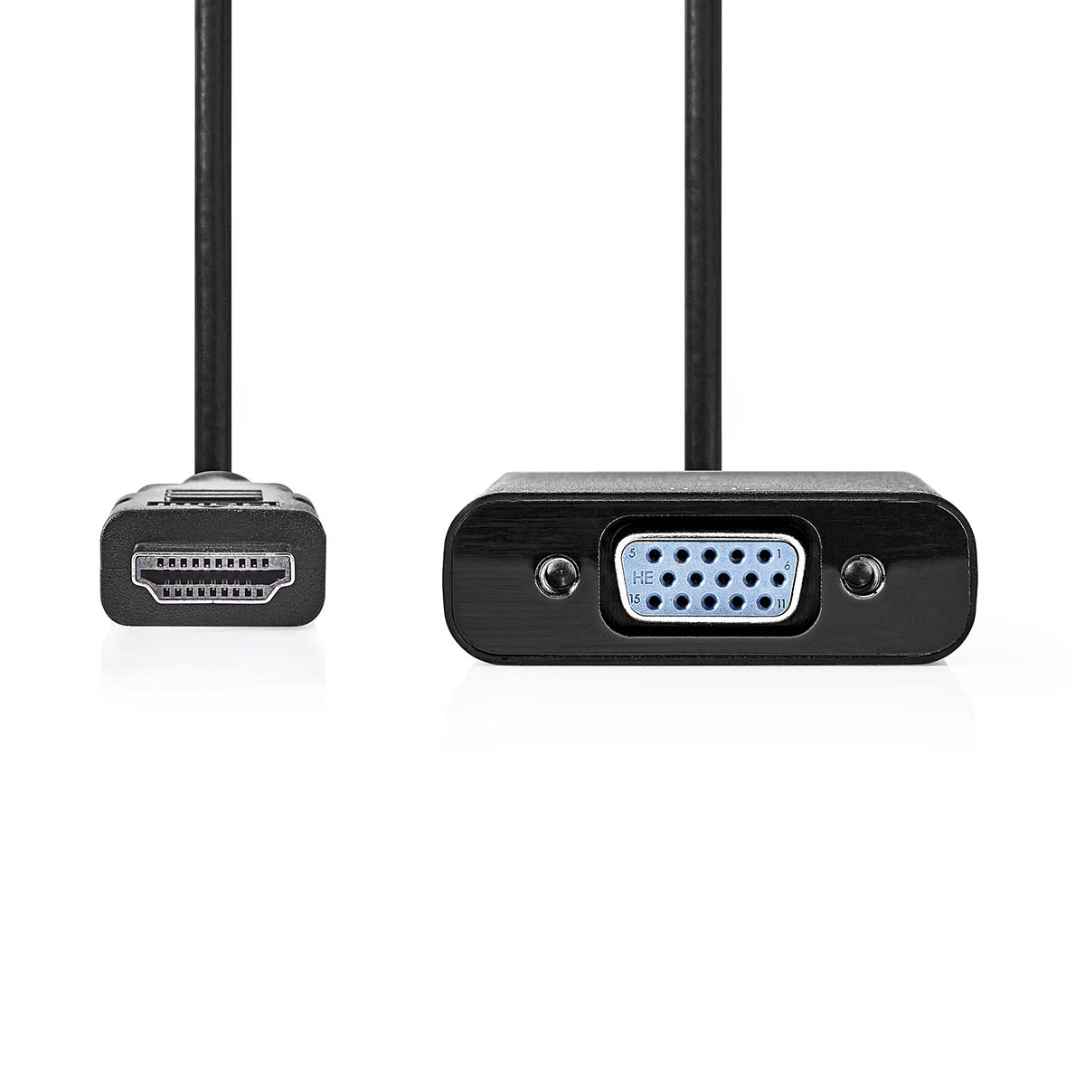 HDMI-zu-VGA-Adapter, schwarz, mit einem HDMI- und einem VGA-Anschluss.
