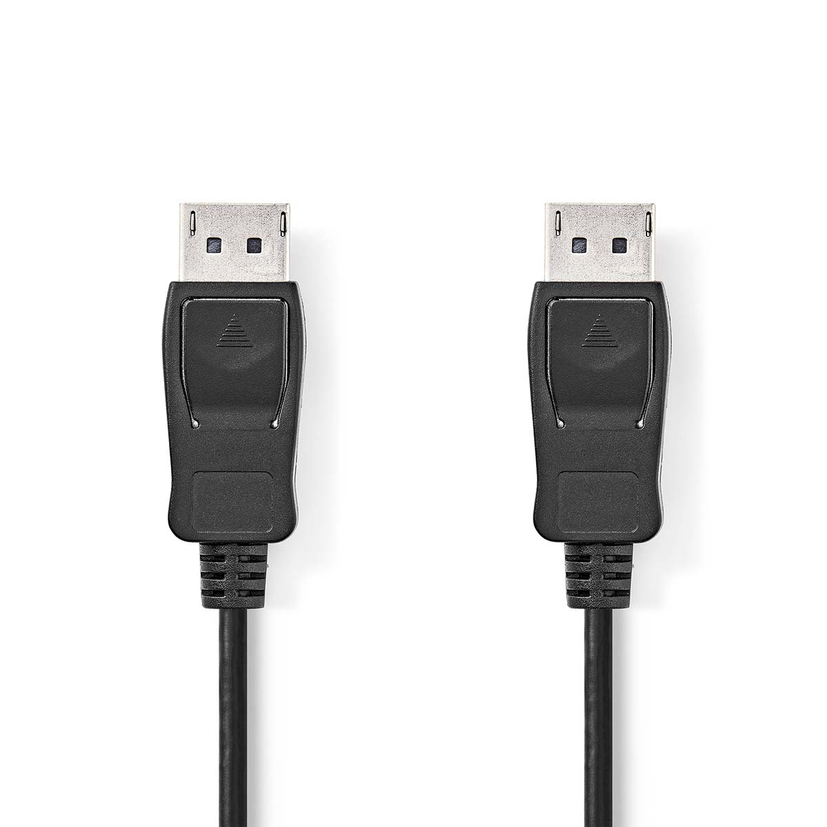 Zwei schwarze DisplayPort-Kabel mit Steckern auf weißem Hintergrund.