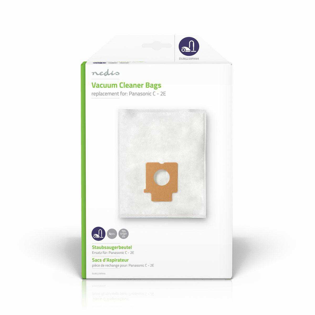 Vacuum cleaner bag in a white box. Text in multiple languages. The bag has a central opening.